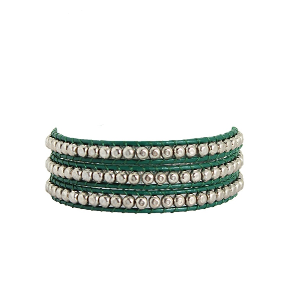Hammered Metal 3 Wrap Bracelet Hunter Leather NWT
